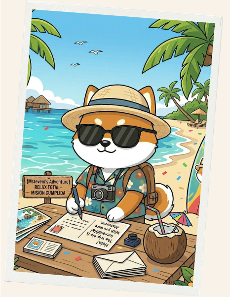 FER escribiendo una postal en una playa tropical