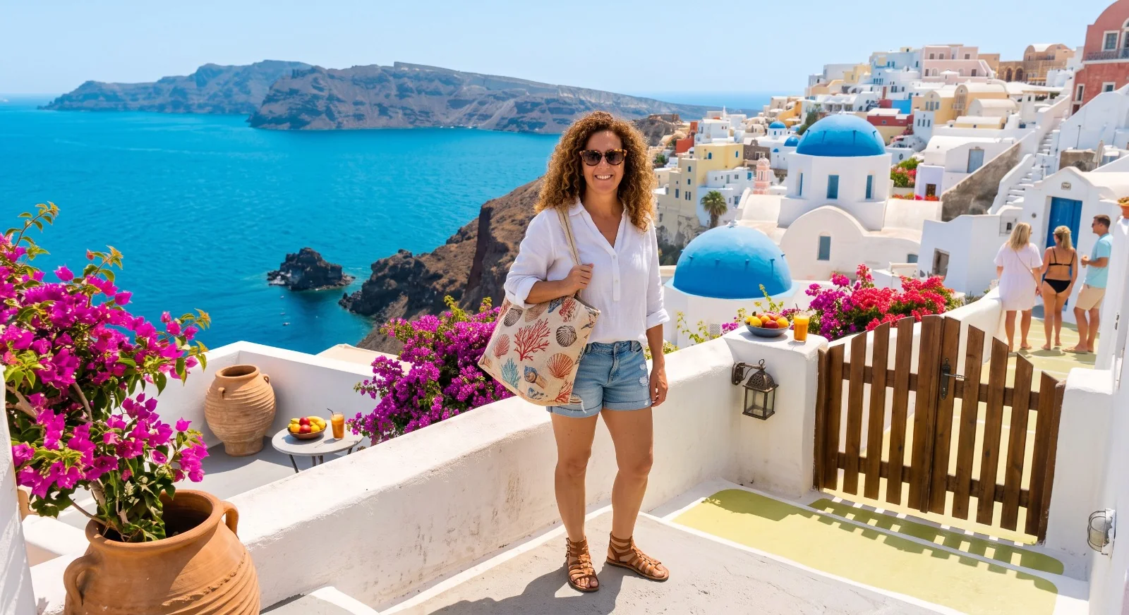 Sandra ante el mar y las casas blancas con cúpulas azules de las islas griegas