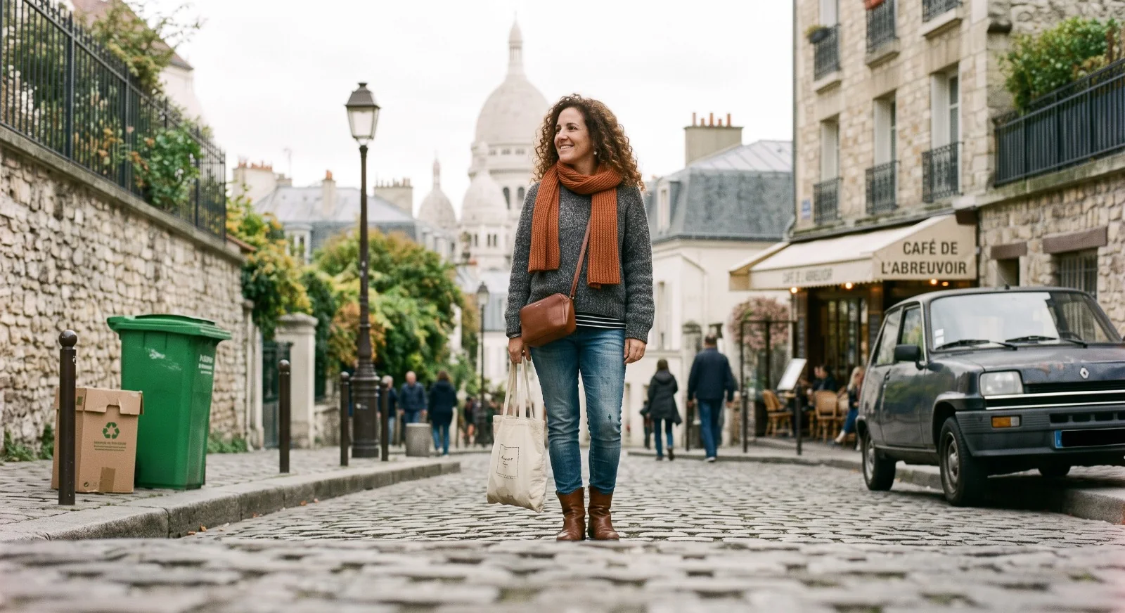 Sandra en una calle de Montmartre con el Sacré-Cœur al fondo