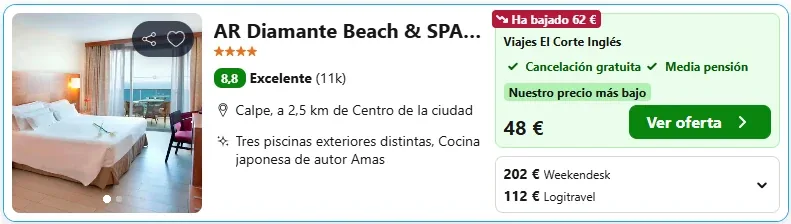 ⚡ Noche en Media Pensión en Hotelazo SPA 4* en Calpe
